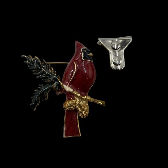 Vtg Cardinal Bird Gold-Toned Pin Brooch on Pine Branch Red & Green Enamel - Picture 7 of 9